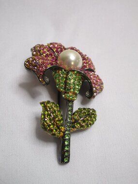 Vintage Joshep Cleary Pink flower brooch, pin Faux Pearl Pave' Rhinestones